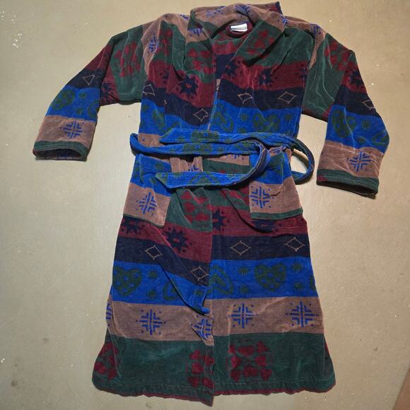 Vintage TJ Lawford Aztec Print Belted Terry Cloth Turkish Robe Size Medium - Picture 1 of 4